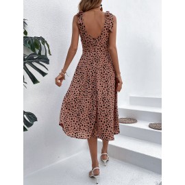 Summer Square Neck Sleeveless Waist Polka Dot Dress Long