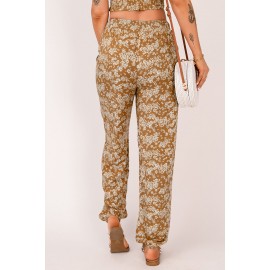 Orange Boho Floral Print Elastic Waist Jogger Pants