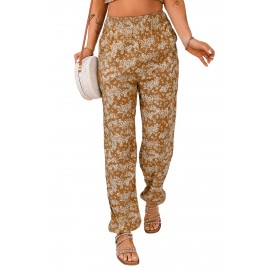 Orange Boho Floral Print Elastic Waist Jogger Pants