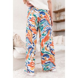 Multicolor Printed Belted High Waist Straight Leg Pants