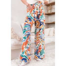 Multicolor Printed Belted High Waist Straight Leg Pants