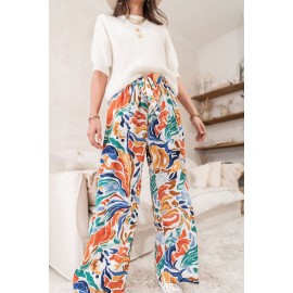 Multicolor Printed Belted High Waist Straight Leg Pants