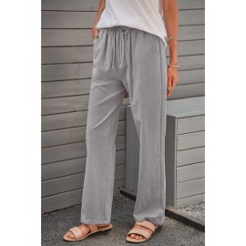 Gray Drawstring Elastic Waist Pockets Long Straight Legs Pants