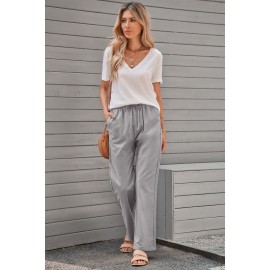 Gray Drawstring Elastic Waist Pockets Long Straight Legs Pants