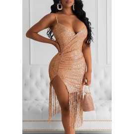 Rose Gold Sequins Ruched Slit Fringe Dress