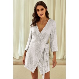 Silver Sequin Wrap Dress with Sash