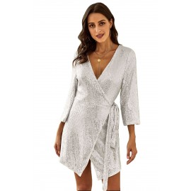 Silver Sequin Wrap Dress with Sash