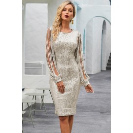 Silver Sequin Tassel Sleeve Bodycon Prom Dress