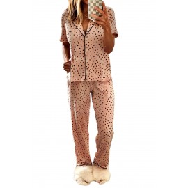 Pink Dotted Print Notched Collar Pajamas Set