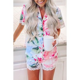 Multicolor Floral Print Lapel Button Shirt Shorts Pajamas Set