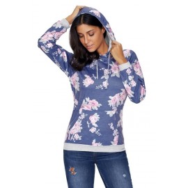 Navy Pink Floral Drawstring Hoodie