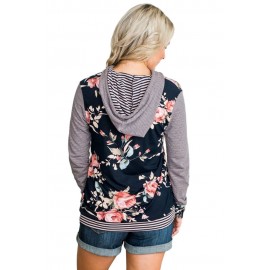 Dark Blue Pinstripe Accent Floral Print Drawstring Hoodie