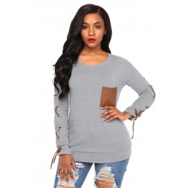 Gray Lace up Sleeve Front Pocket Womens Casual Sweatshirt