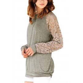 Lace Raglan Sleeve Grey Casual Sweatshirt