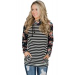 Floral Splice Black Striped Drawstring Hoodie