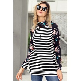 Floral Splice Black Striped Drawstring Hoodie