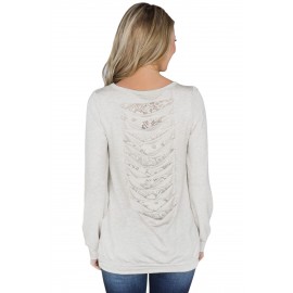 Lace Cutout Insert Light Grey Pullover Sweatshirt