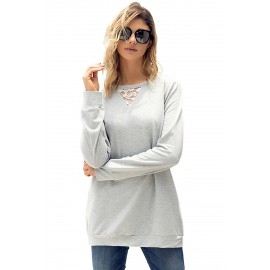 Lace Cutout Insert Light Grey Pullover Sweatshirt