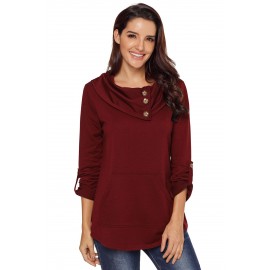 Burgundy Cowl Neck Kangaroo Pocket Pullover Top