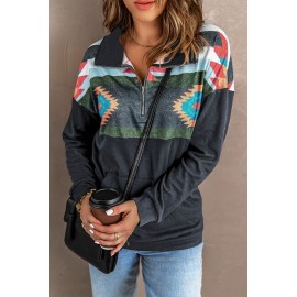 Aztec Print Atop Charcoal Pullover Sweatshirt