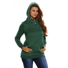 Green Button Zip Detail Warm Pocket Hoodie