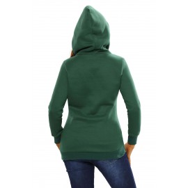 Green Button Zip Detail Warm Pocket Hoodie